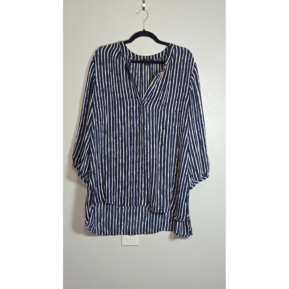Banana Republic Navy Blue White Striped V-Neck Tunic Blouse XL High Low Hem